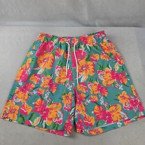 SHEIN Tropical Floral Swim Trunks - Green and Pink Size Med BS58